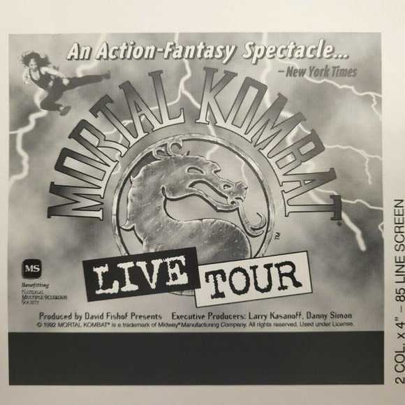 Mortal Kombat Other - RARE VINTAGE 1995 MORTAL KOMBAT LIVE TOUR AD MAT 1 Only One in Existence…